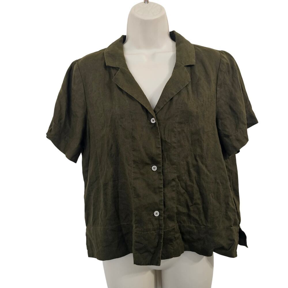 QUINCE 100% European Linen Short Sleeve Shirt in Bayberry Olive Size S